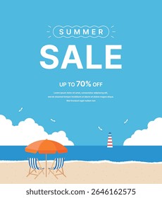 Summer sea beach sale banner with blue sky, clouds, sandy beach, striped chairs, orange parasol and lighthouse. Perfect for seasonal promotions or vacation advertising.