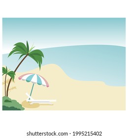 Summer sea beach scenery background in flat cartoon style. beach with chairs and umbrella, summer vacation and international.