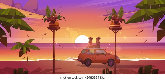 Sommer Meer Strand Sonnenuntergang Landschaft mit zwei Frauen sitzen mit dem Rücken auf dem Dach des Autos auf Sand Küste. Sommerliche Landschaft mit tropischer Lagune.