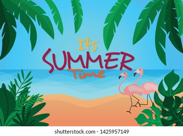 Summer sea beach surrounding with tropical summer tree can see flamingo birds, white sand beach and blue color sea with text-It's Summer Time