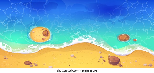 Summer sea beach top view. Sandy ocean shore with rocks. Vector cartoon illustration of coast with yellow sand, tropical seaside with blue water waves. Concept of paradise exotic vacation