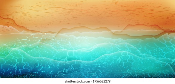 Summer sea beach top view with waves and  foam. Sandy ocean shore. Vector  illustration of coast with yellow sand,turquoise water and tropical seaside.Concept of  exotic vacation.
