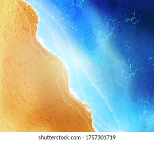 Summer sea beach top view with waves and  foam. Sandy ocean shore. Vector  illustration of coast with yellow sand,turquoise water and tropical seaside.Concept of  exotic vacation.
