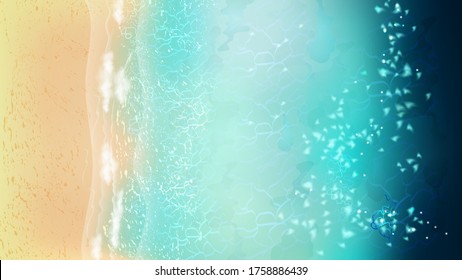 Summer sea beach top view with waves and sea foam. Sandy ocean shore with rocks. Vector  illustration of coast with yellow sand and tropical seaside.Concept of  exotic vacation.
