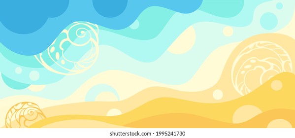 Vistas a la playa de verano. conchas marinas, orilla del mar de arena dorada, playa tropical con olas de agua azul. Concepto de vacaciones exóticas en el paraíso para su afiche o portada, banner publicitario. EPS