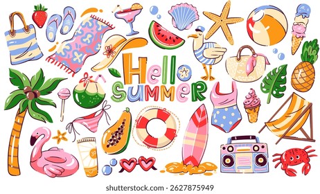 Summer sea beach vacation cartoon elements and stickers set. Funny sunglasses and cocktail, flamingo ring and swimsuit, ice cream. Summer holidays mascot, cartoon cute collection vector illustration