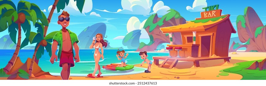 Summer sea beach vacation concept with man and woman walking on sand in swimsuits, children playing in water with inflatable ring on tropical lagoon landscape with tiki bar hut, palm trees and rocks.