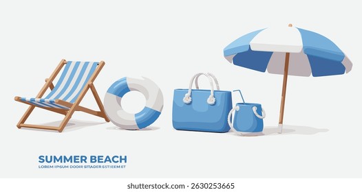 Summer sea beach vacation and swimming pool relax 3d render icons set. Summertime seashore trip and travel design elements