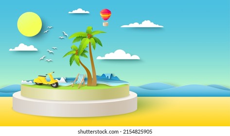 Vector de playa de verano. Cartel de arte de corte de papel de viaje. Antecedentes de vacaciones tropicales. Isla originami con palmera, ola de agua oceánica y cielo. Aventura y turismo