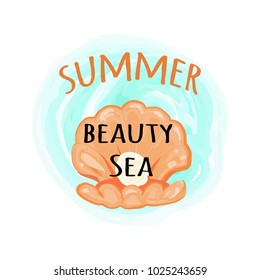Summer sea beauty poster with open seashell with shiny round pearl cartoon style background, vector illustration of highly valued gemstone