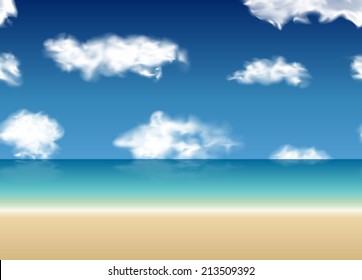 Summer sea with blue sky and clouds background. Vector seamless illustration. Repeat design. 