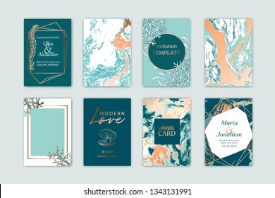 Summer sea card template. Design for wedding, invitation, save the date, party, poster, hank you card, rsvp. Blue and gold marble texture. Summer sea card template. Design for wedding, invitation, save the date, party, poster, hank you card, rsvp. Blue and gold marble texture.