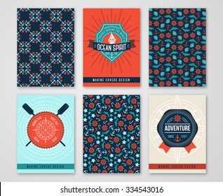 Summer Sea Cards Set with Patterns of Marine Symbols and Labels. Nautical Design Concept. Banners or Save the Date Wedding Invitations