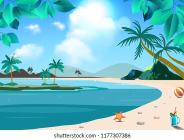 summer sea clouds beach vacation holiday sand sunlight travel cocktail glass wine glass beach ball juice starfish coconut trees mountain