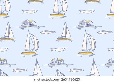 Summer sea coast pattern with yachts, island and sardines. Italy and Amalfi coast seamless background. Italian hand drawn pattern with boat, sailboat, rock, coastal house. Linear vector illustration.