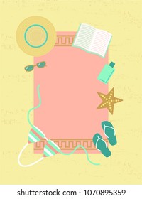 Summer sea coast poster background. Banner, card template. Pink towel with hat, sunglasses, swimsuit, flip flops, lotion bottle, book, starfish, vector illustration. Sand beach textured background.
