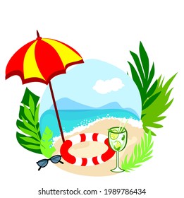 Summer, sea, cocktail, glasses, circle, leaves, vector. Modern background for poster, advertisement, cover, banner, flyer, vector illustration