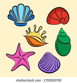Summer sea concept with colored shells and starfish, bright drawn set. Vector illustration