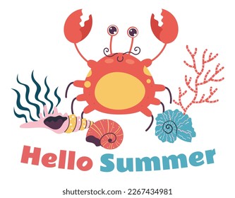 Summer sea crab water cute print cover art concept. Vector graphic design illustration element