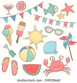 Summer sea cute icons. Vector clip art