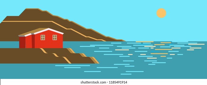 Summer sea day, sun noon colorful landscape with brown stone cliff, little red house and sun with reflect in the water. Vector seaside, flat infographic illustration.