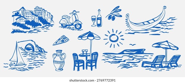 Summer sea doodle vector illustration set. Vector sketch art compositions with beach, scooter, coastal scenery, yacht boat, palm tree, sun, wave for poster, print. 