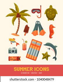 Summer and sea elements isolated on background. Summertime collection of nautical and swimming icons for diving, bathing, relax and entertainment. Holiday, travel and entertainment theme