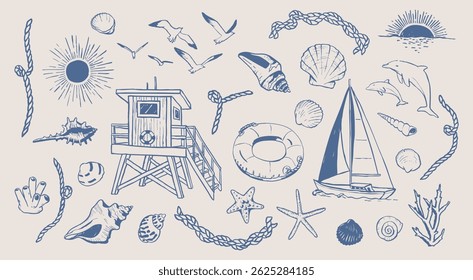 Summer sea elements, marine doodles. Coastal beach vacation drawings. Hand drawn illustration of rope, corals, guard post, sun, seagull, boat and shells isolated. Graphic sketches background.