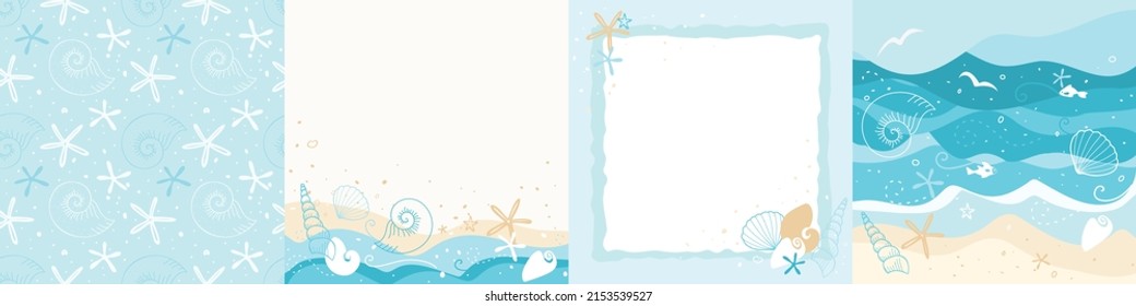 Summer sea flyer set. Summer holiday background, seamless pattern, frame. Vector illustration of waves, birds, seashells, starfish, water splashes