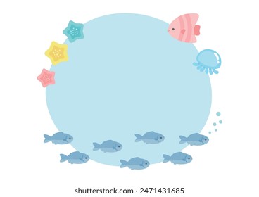 Summer sea frame with cute fish, jellyfish and starfish