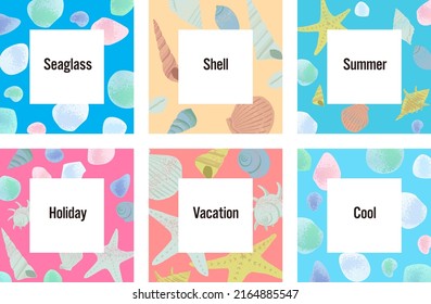 Summer sea glass and shells square vector frame set