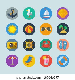 Summer sea holidays icons with anchor seagull yacht seashell sun ball palm isolated vector illustration