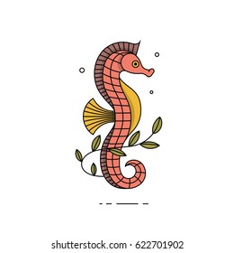Summer sea icon with seahorse in flat design. Summertime travel concept vector illustration.