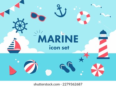 Summer sea icon set. (Vector illustrations related to marine)