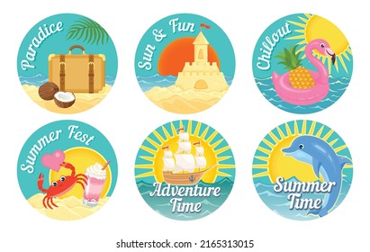 Summer sea icons in color circles for stickers and icons. Cute vector sea vintage design elements. 