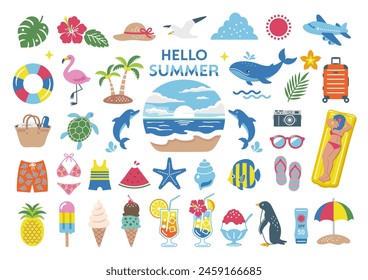 Summer and sea illustration set. tropical, travel, icon, beach