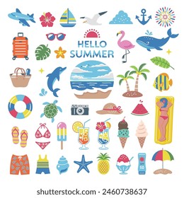 Conjunto de ilustración de verano y mar. tropical, viaje, icono, playa