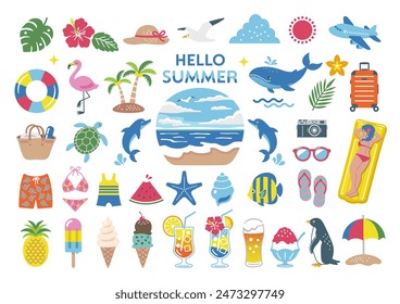 Summer and sea illustration set. Tropical travel icon beach decoration