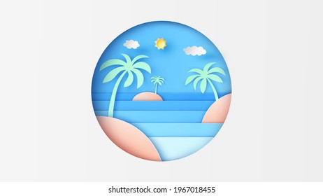 Summer sea island scenery with clear sky in circle frame. Summer time. Sea landscape. paper cut and craft style. vector, illustration.