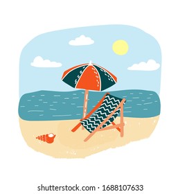 Summer sea landscape with beach sand and the sun bed with sunshade. Vacation without people, relaxing travel or cancelled trip concept, banner design. Flat vector isolated illustration.