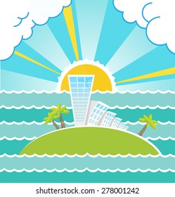 Summer sea landscape and building with island vector illustration.