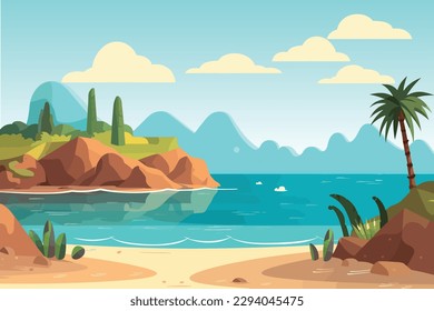 Summer Sea Landscape Flat Vector Design, Illustration of a Bright and Cheerful Beachscape.