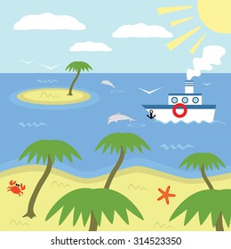 Summer sea landscape with island. Beach with palm trees, crabs and starfish. The ship and dolphins at sea.