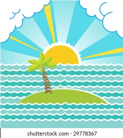 Summer sea landscape with island. Vector.
