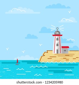 Summer sea landscape with Lighthouse on the island. Flat and line style vector illustration. Travel concept. Hello summer card.