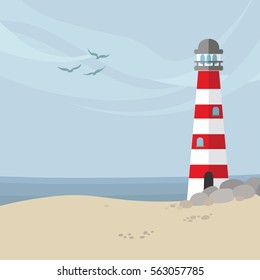 Summer sea landscape with lighthouse. Vector flat illustration.