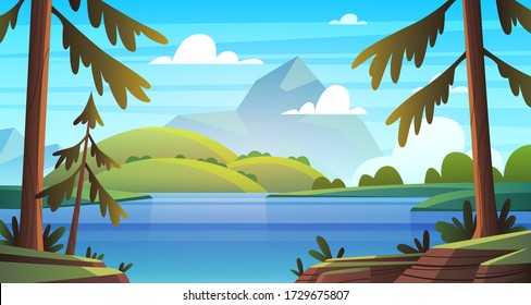 Summer sea landscape. Ocean seashore panorama, bay with vegetation and pine-trees, summer nature sunny mountains cartoon vector background