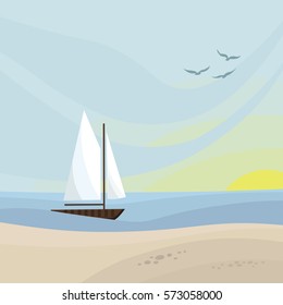 Summer sea landscape with sailboat. Vector flat illustration.