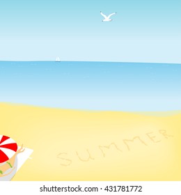 summer sea landscape with seagull girl on a deckchair
