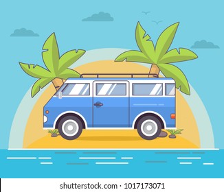 Summer sea landscape with the tropical island with palm trees and the sandy beach. A retro the vintage van for trips to a holiday and travel. In flat a linear art a vector.